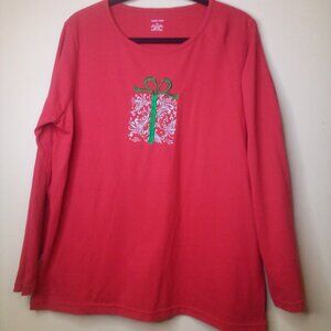Ladies Club Shirt 1X Women Long Sleeve Christmas Holiday Embroidery Red